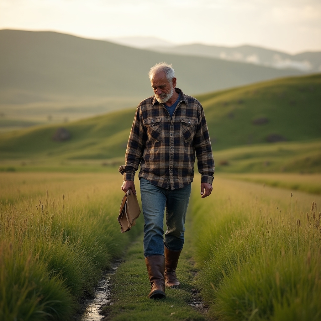 Productor caminando entre pasturas en una zona de lomadas de Entre Ríos