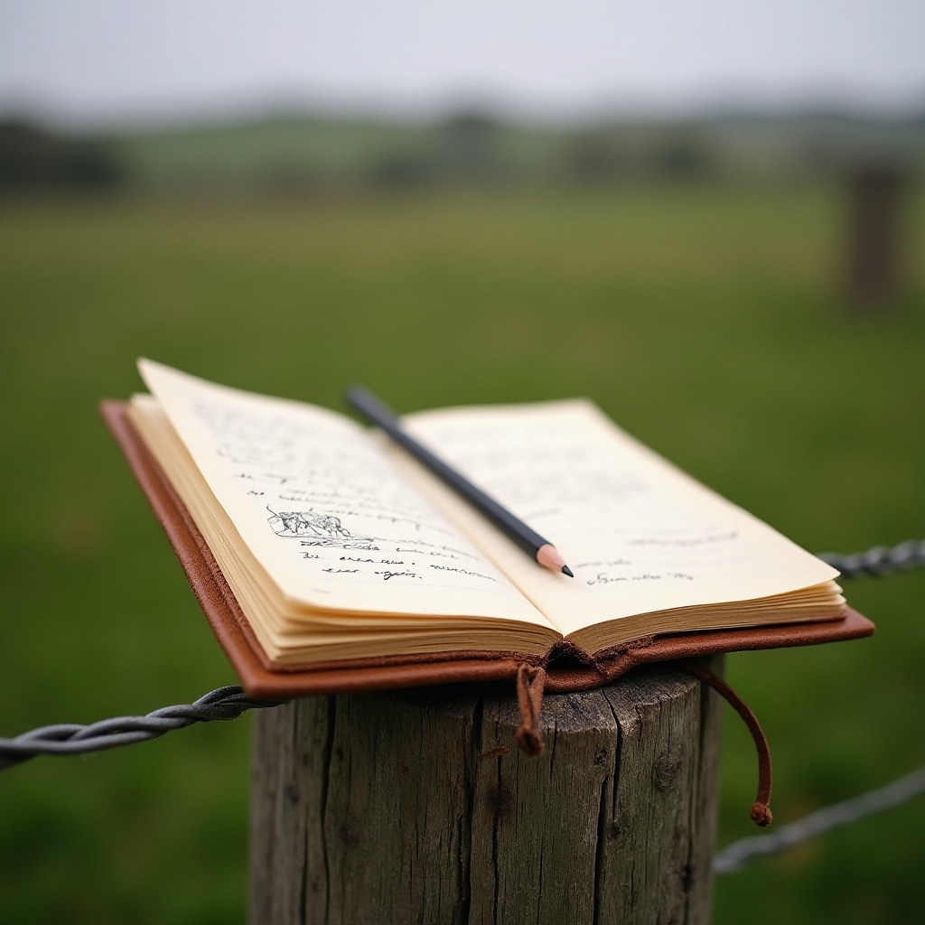 Cuaderno de campo abierto sobre un poste de alambrado con anotaciones